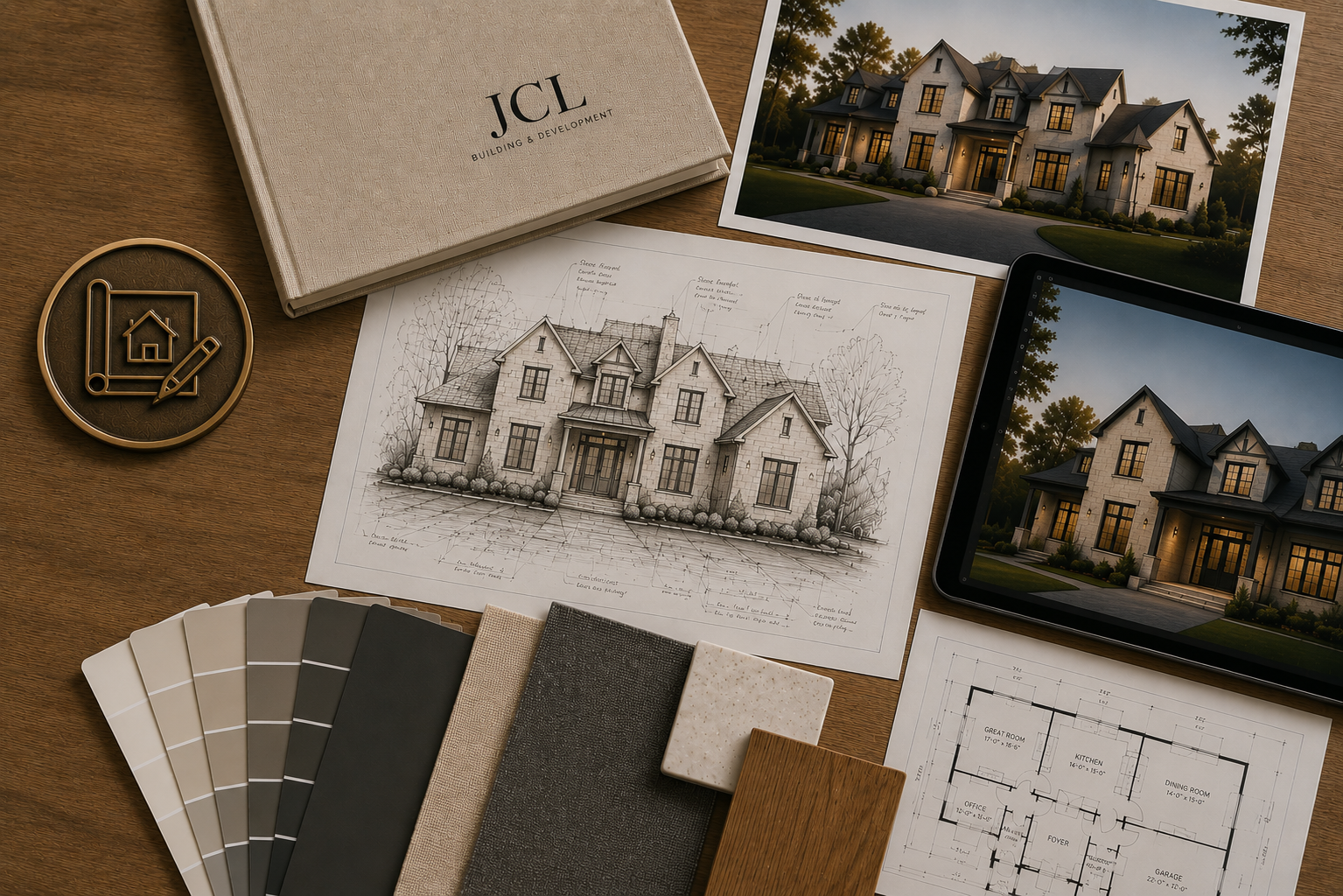 Detailed architectural design sketches and 3D models
