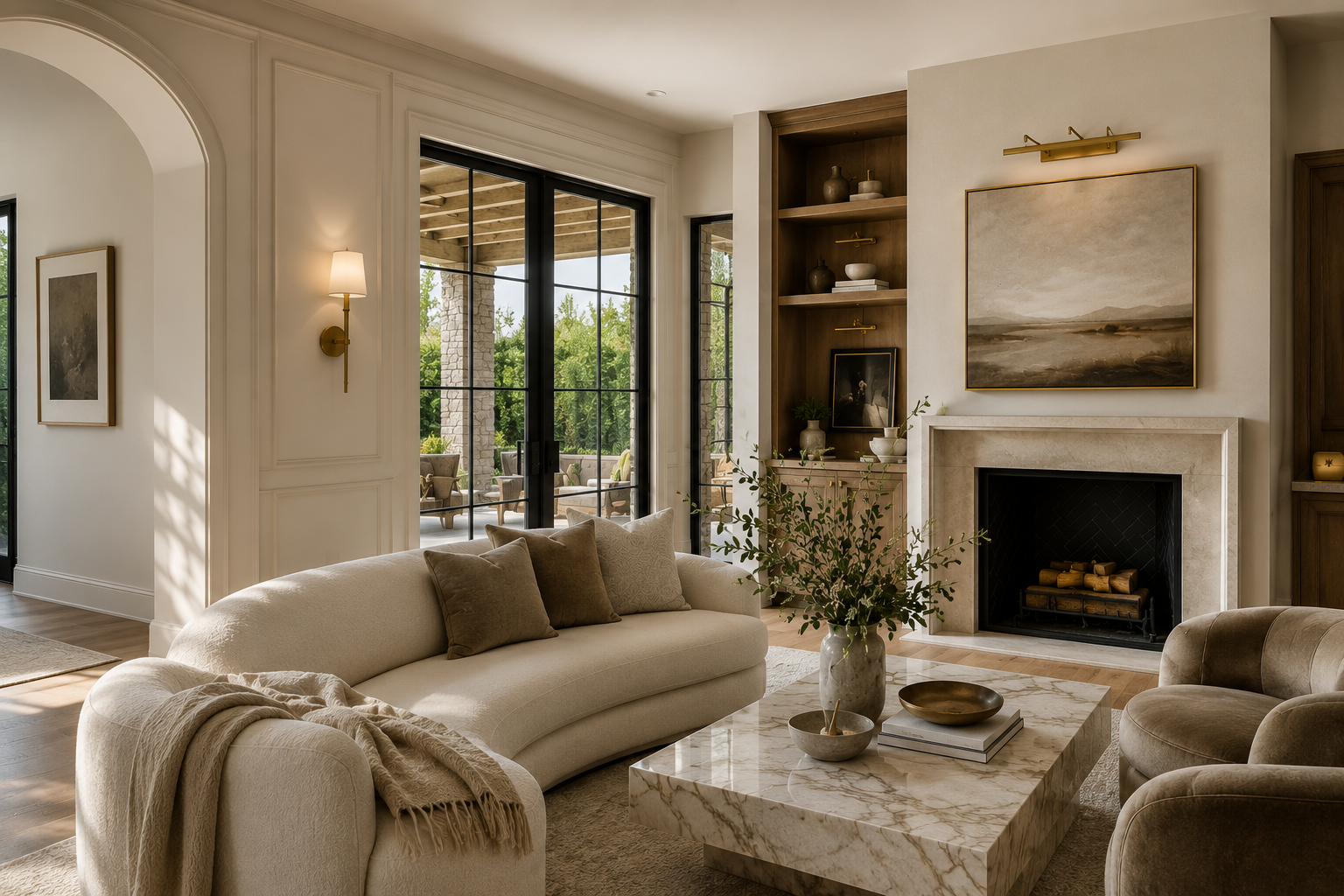 Curated material palette featuring natural wood and stone