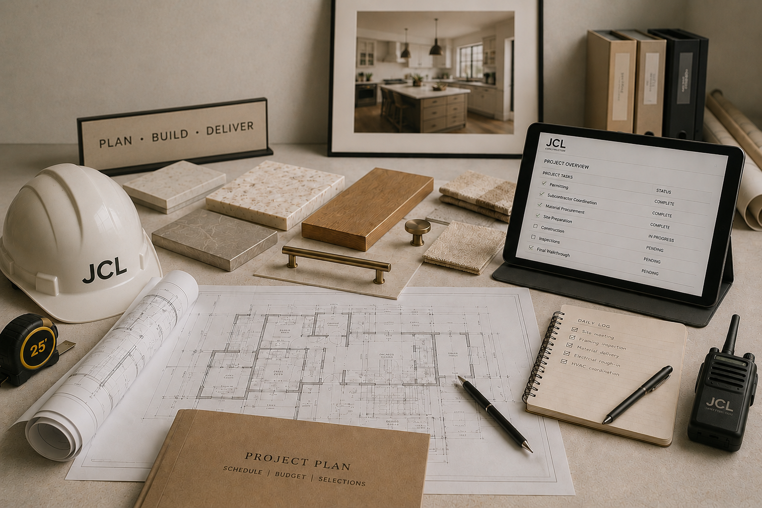 Architectural design studio workspace with finished material samples
