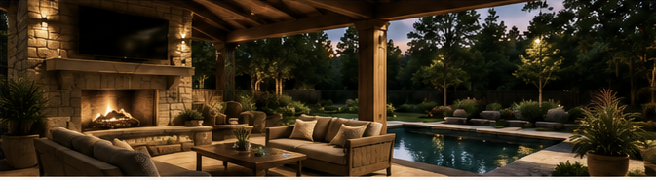 Luxury outdoor living space with fireplace and pool